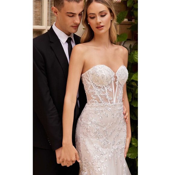 French White Strapless Sequin Corset Formal Mermaid Wedding Dress 4 - Picture 6 of 8